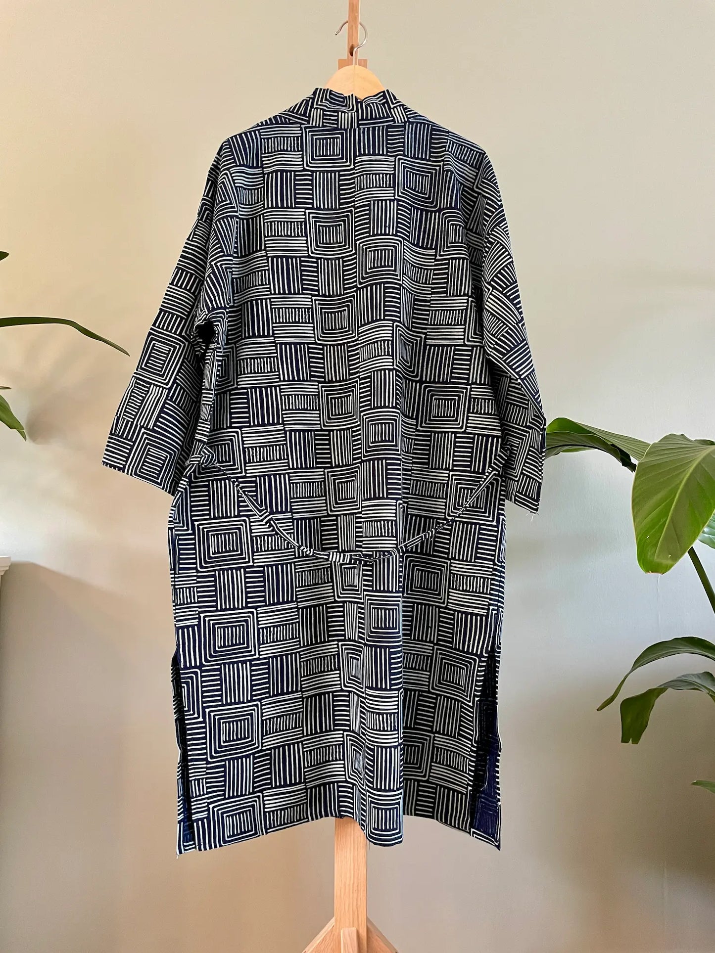 Indigo Cotton Kimono Robe - Zen Square pattern - Oversized fit