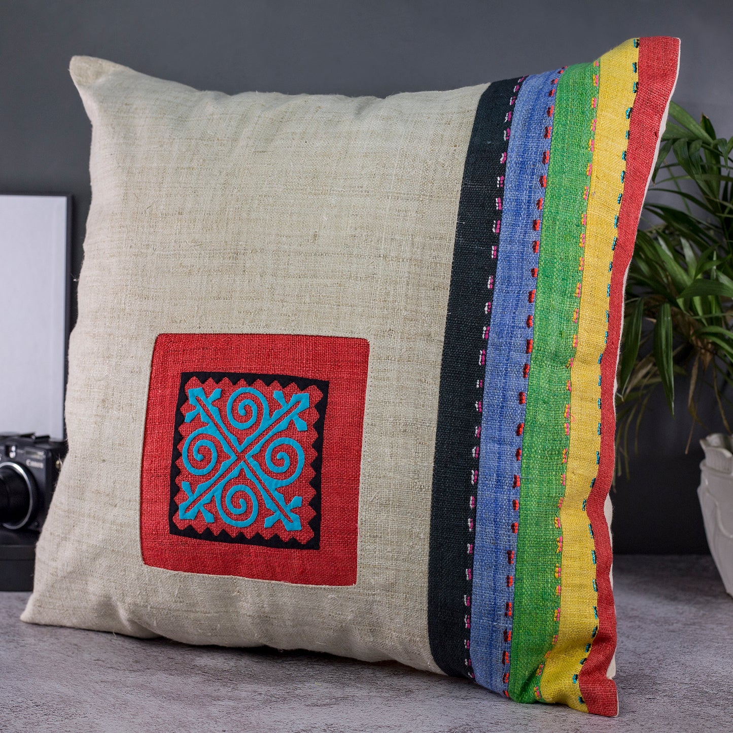 Beige Hemp Cushion Cover with stripes in different colors, hand-stitches on the front