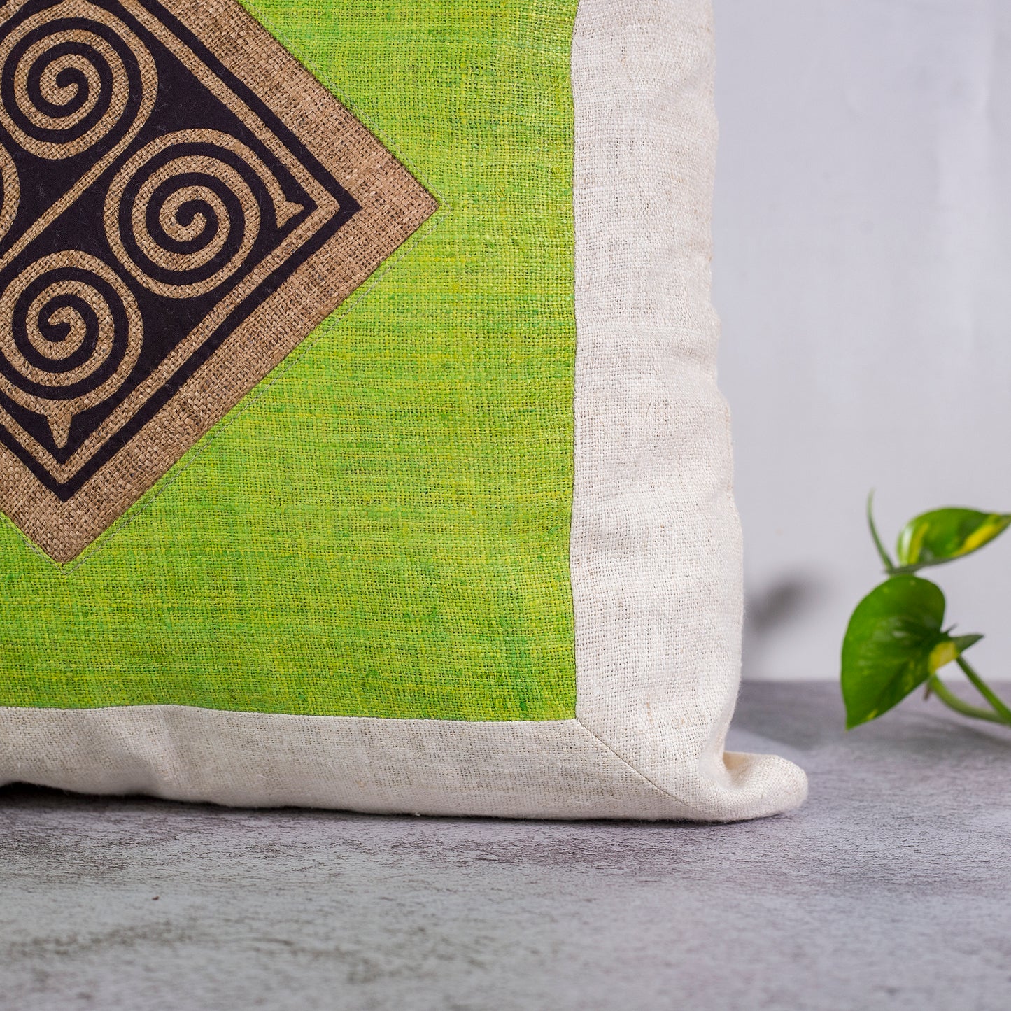 Hemp Cushion Cover in Beige- 100% handmade, green hemp, black and brown pattern at center