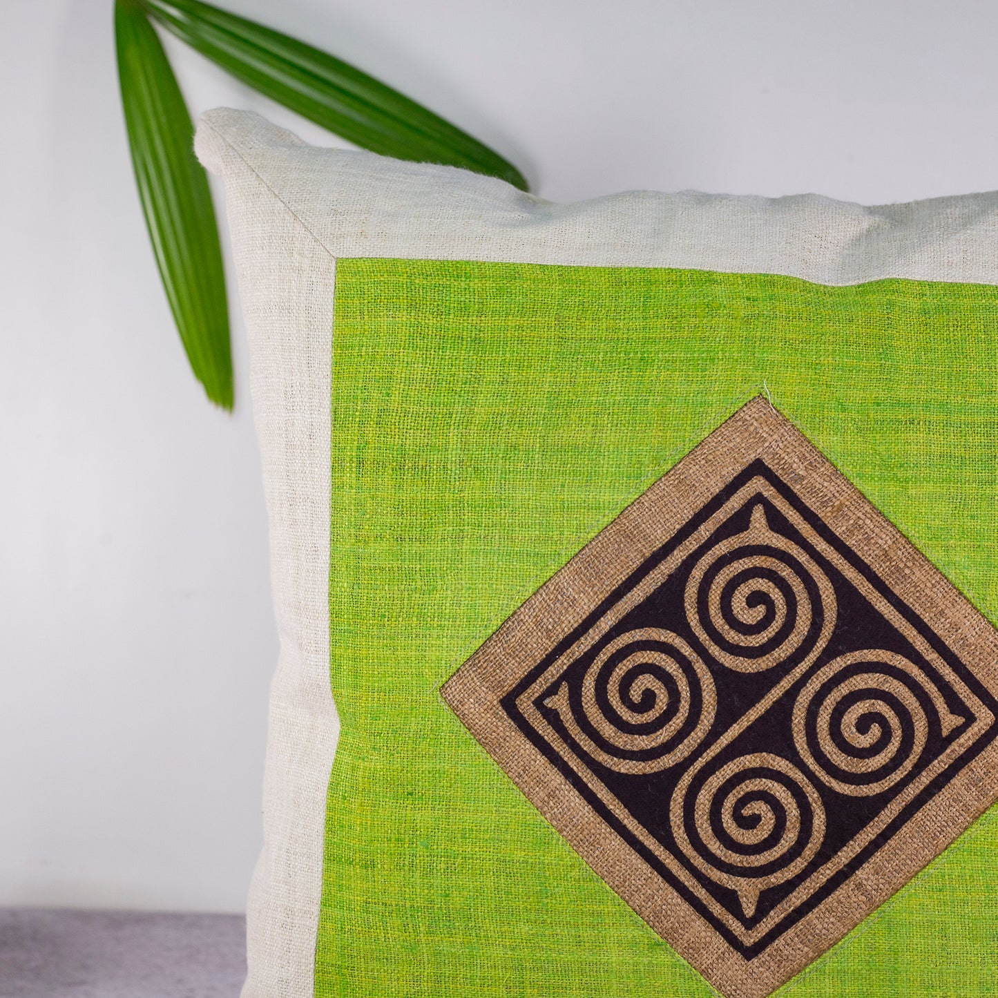 Hemp Cushion Cover in Beige- 100% handmade, green hemp, black and brown pattern at center