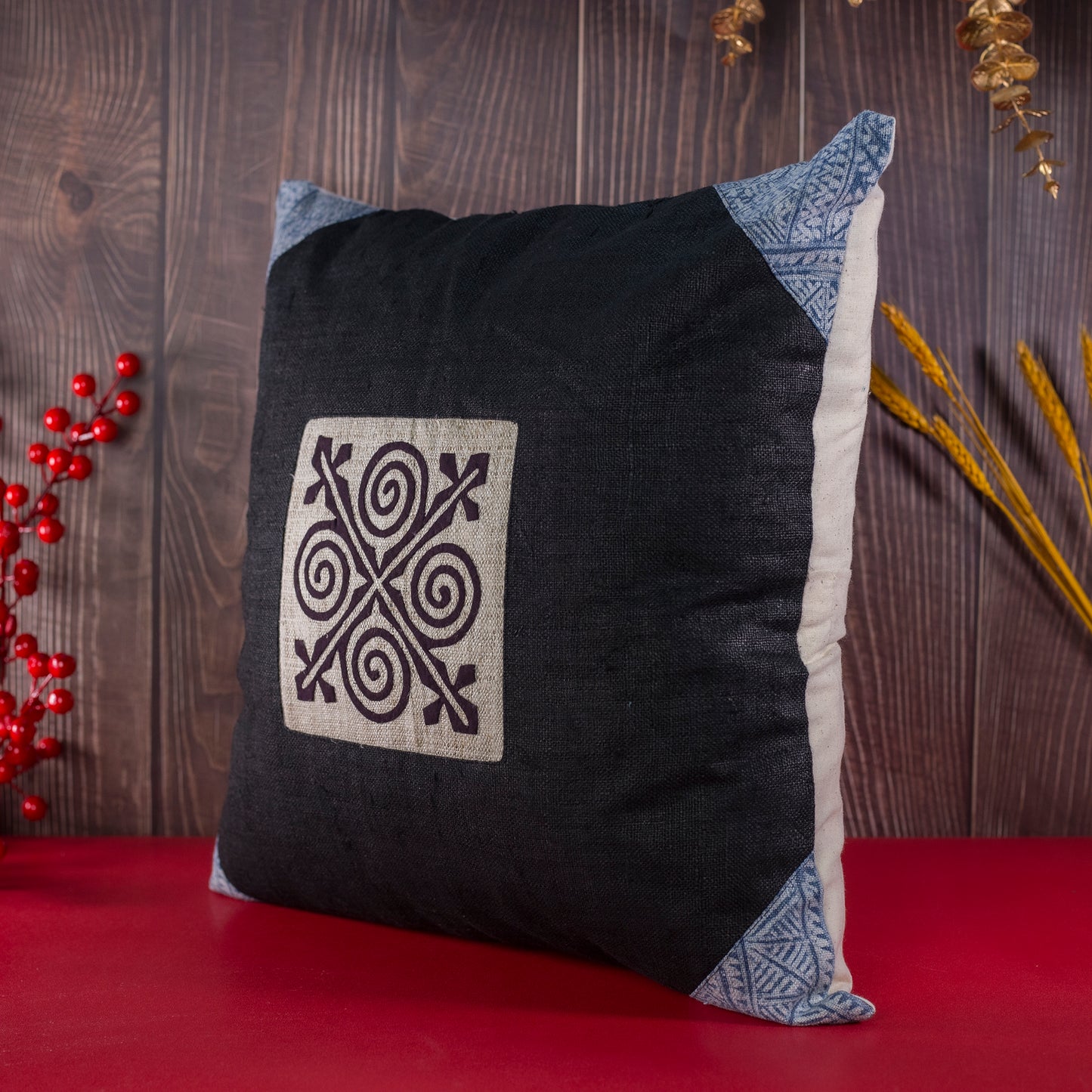 Black hemp Cushion Cover, beeswax batik corner, white hand-embroidered patch