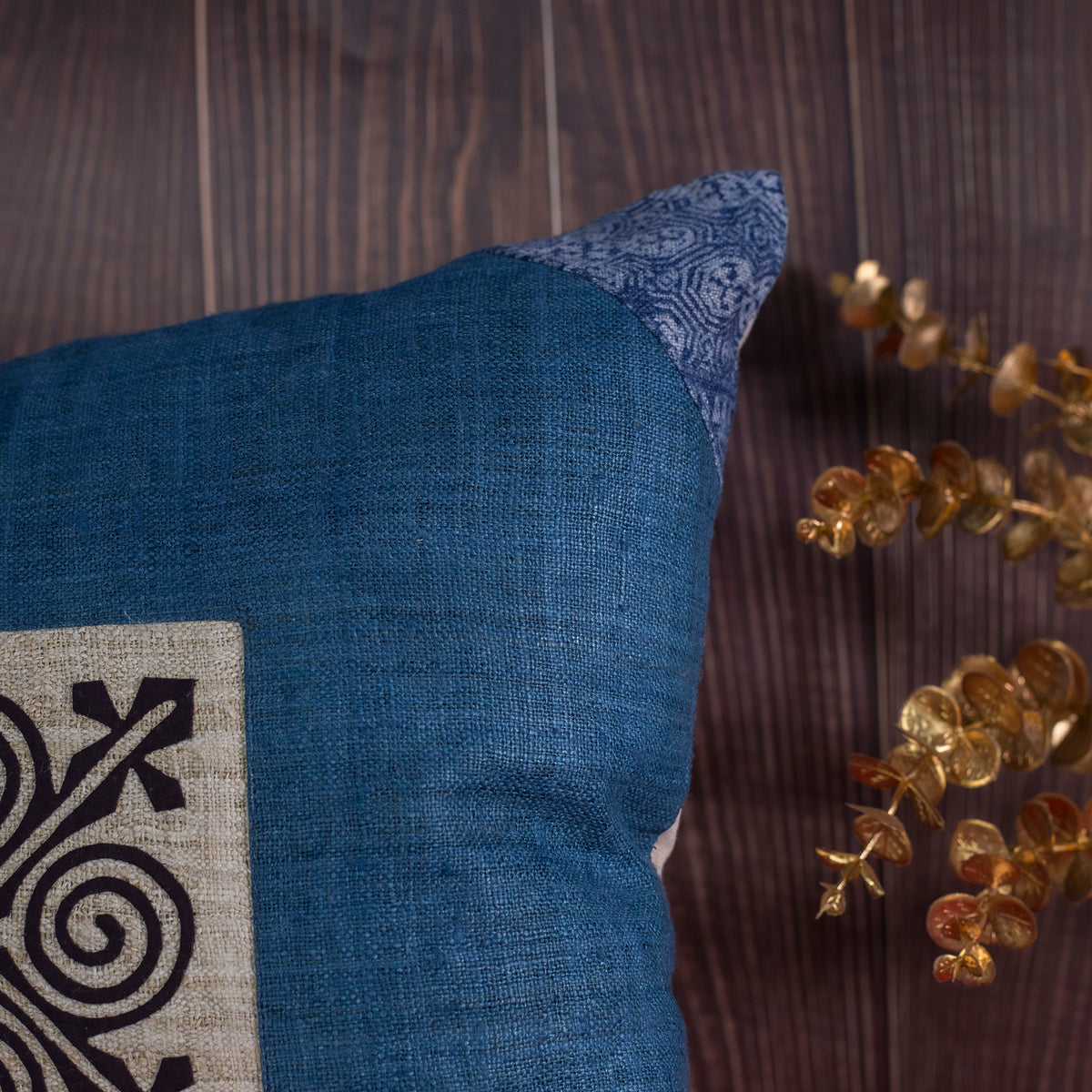 Indigo blue hemp Cushion Cover, beeswax batik corner, white hand-embroidered patch