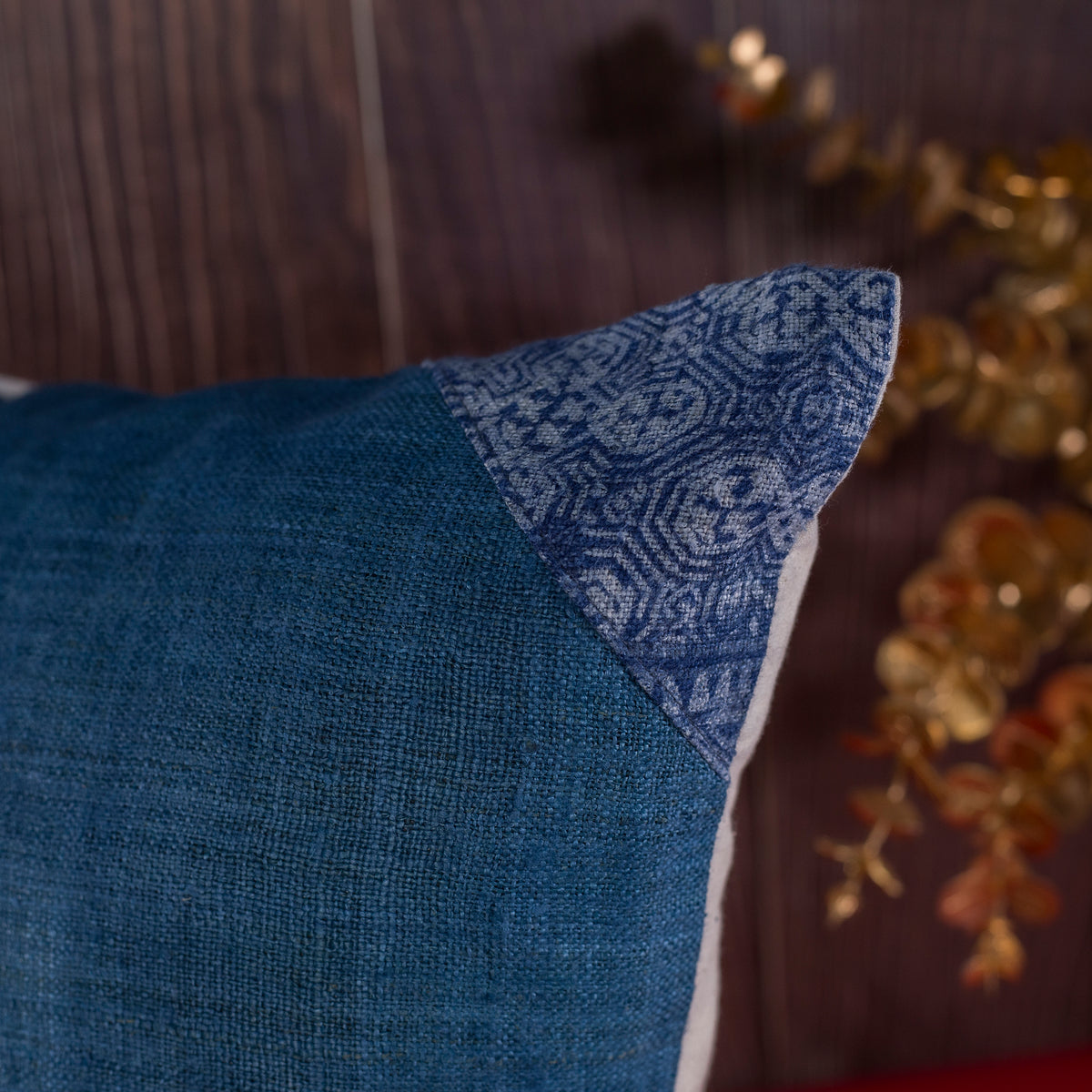 Indigo blue hemp Cushion Cover, beeswax batik corner, white hand-embroidered patch