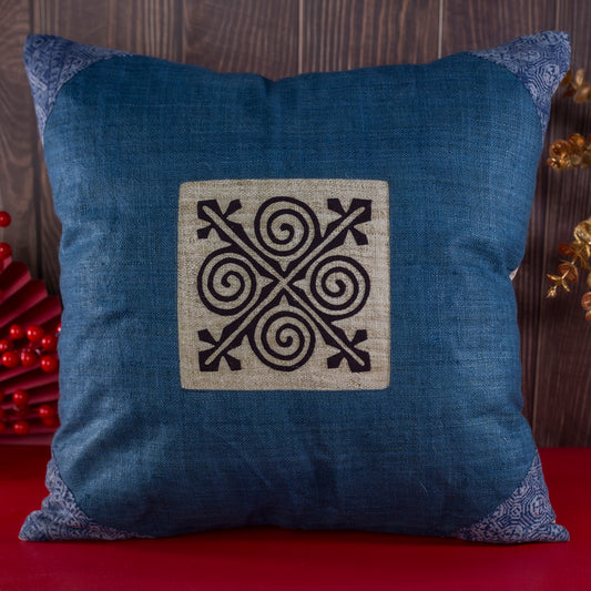 Indigo blue hemp Cushion Cover, beeswax batik corner, white hand-embroidered patch