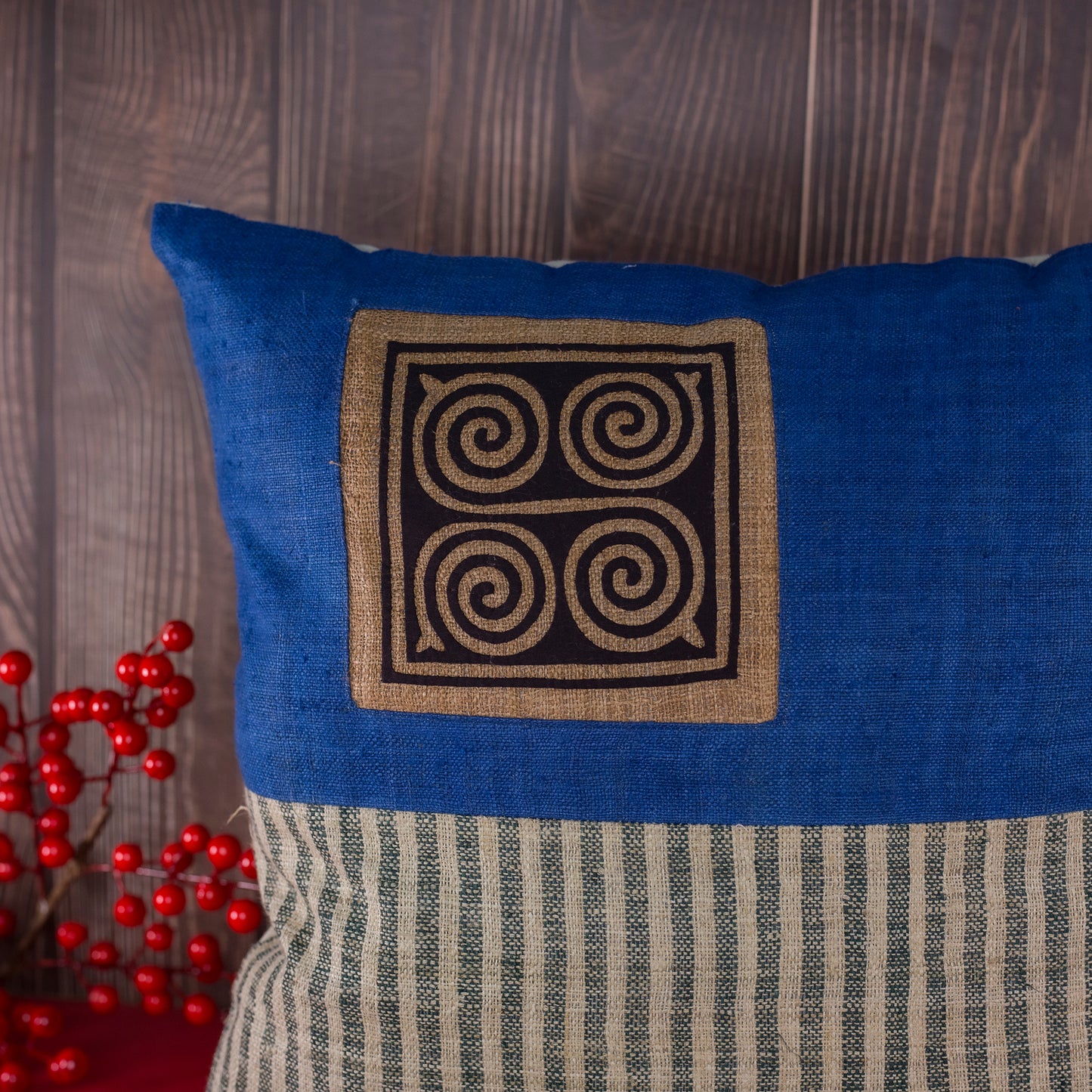 Hemp Cushion Cover in Catalina Blue - H'mong pattern, handwoven fabric stripes, handmade 100%