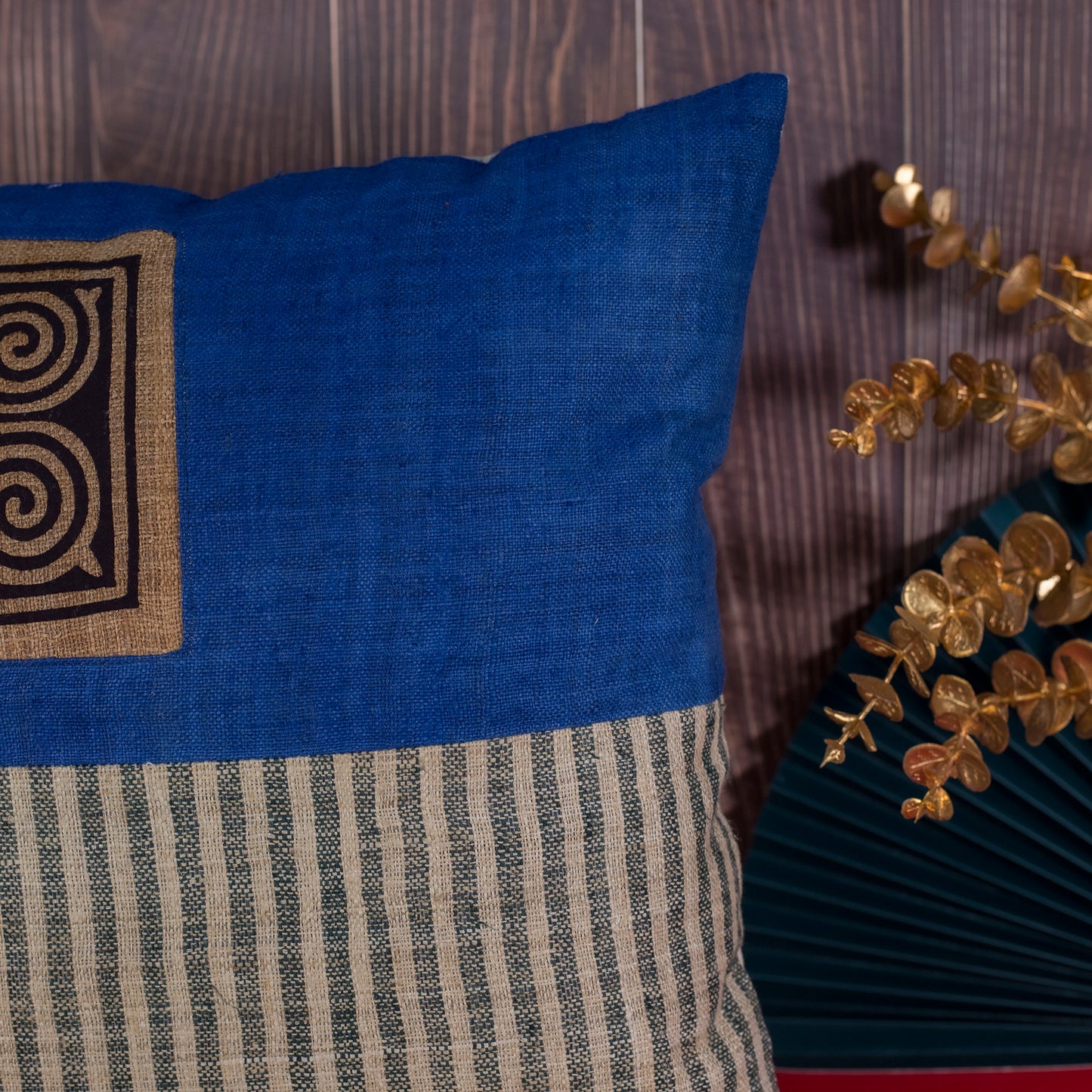 Hemp Cushion Cover in Catalina Blue - H'mong pattern, handwoven fabric stripes, handmade 100%