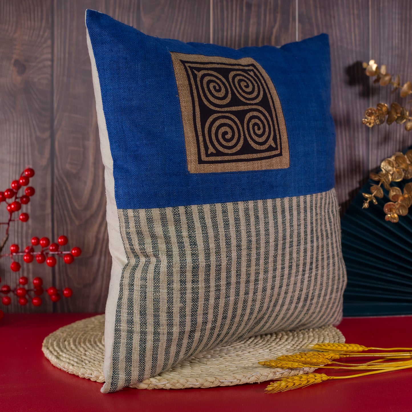 Hemp Cushion Cover in Catalina Blue - H'mong pattern, handwoven fabric stripes, handmade 100%