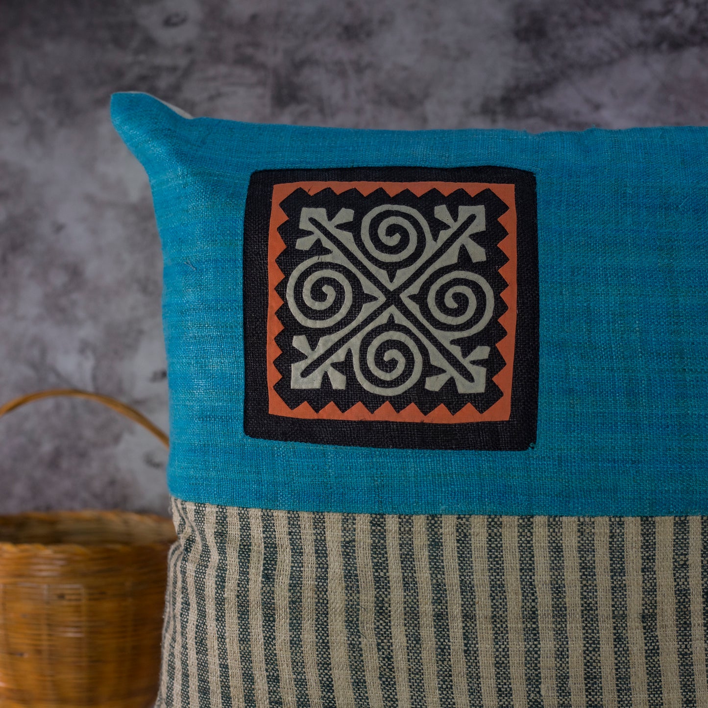 Hemp Cushion Cover in Iris Blue - H'mong pattern, handwoven fabric stripes, handmade 100%