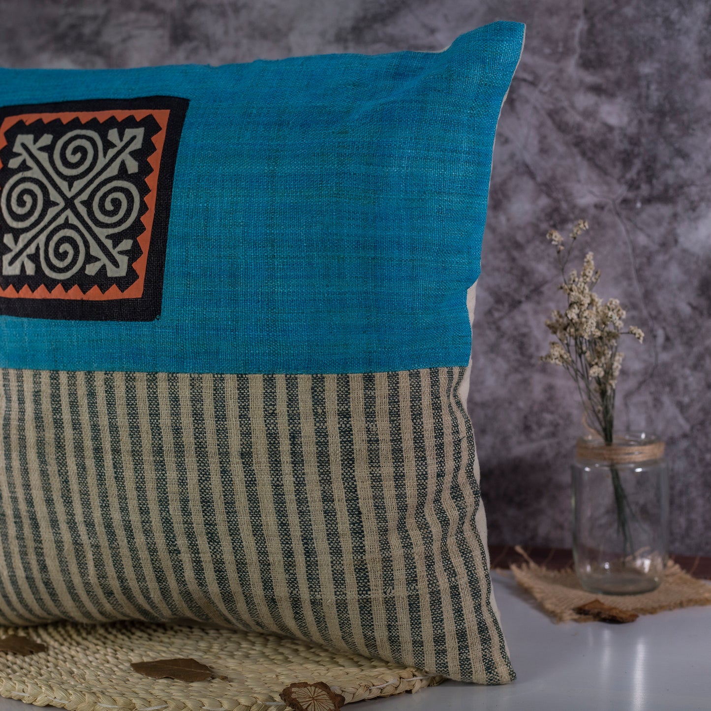 Hemp Cushion Cover in Iris Blue - H'mong pattern, handwoven fabric stripes, handmade 100%