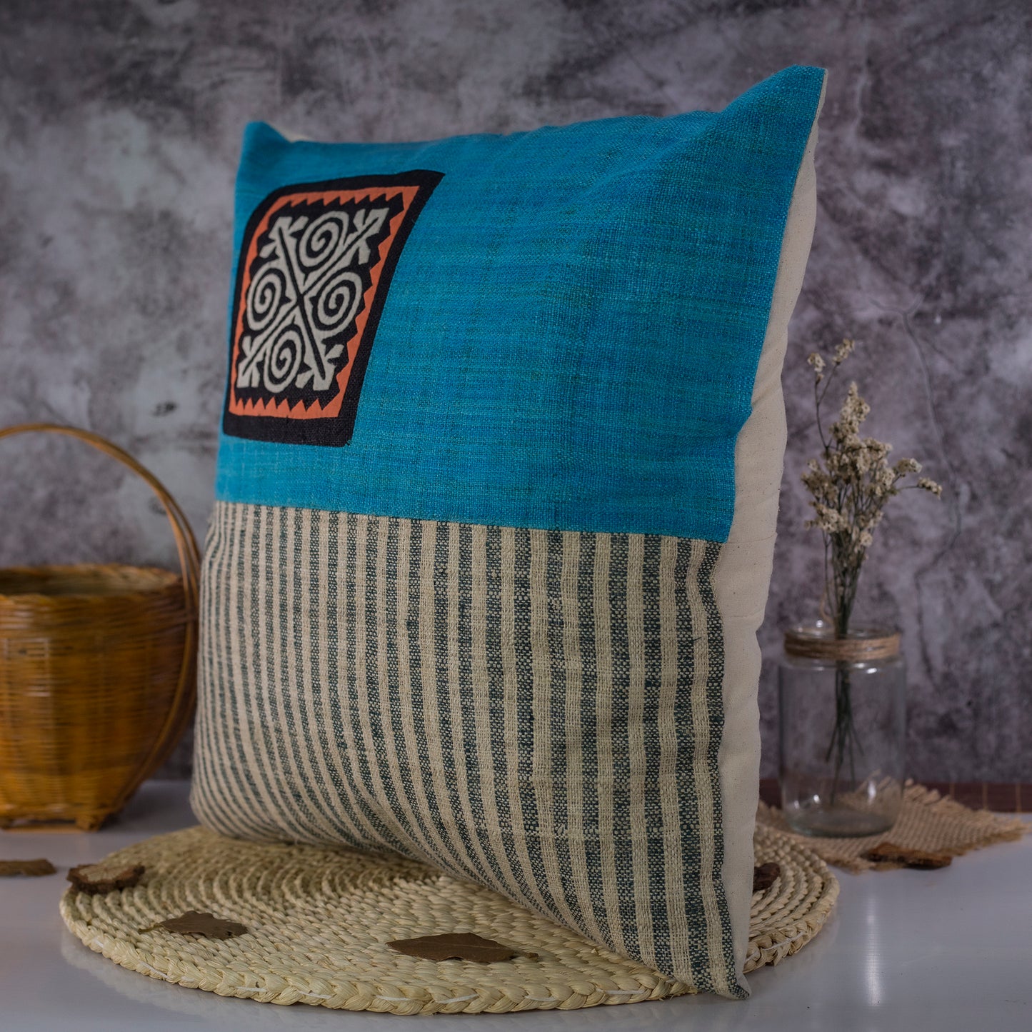 Hemp Cushion Cover in Iris Blue - H'mong pattern, handwoven fabric stripes, handmade 100%