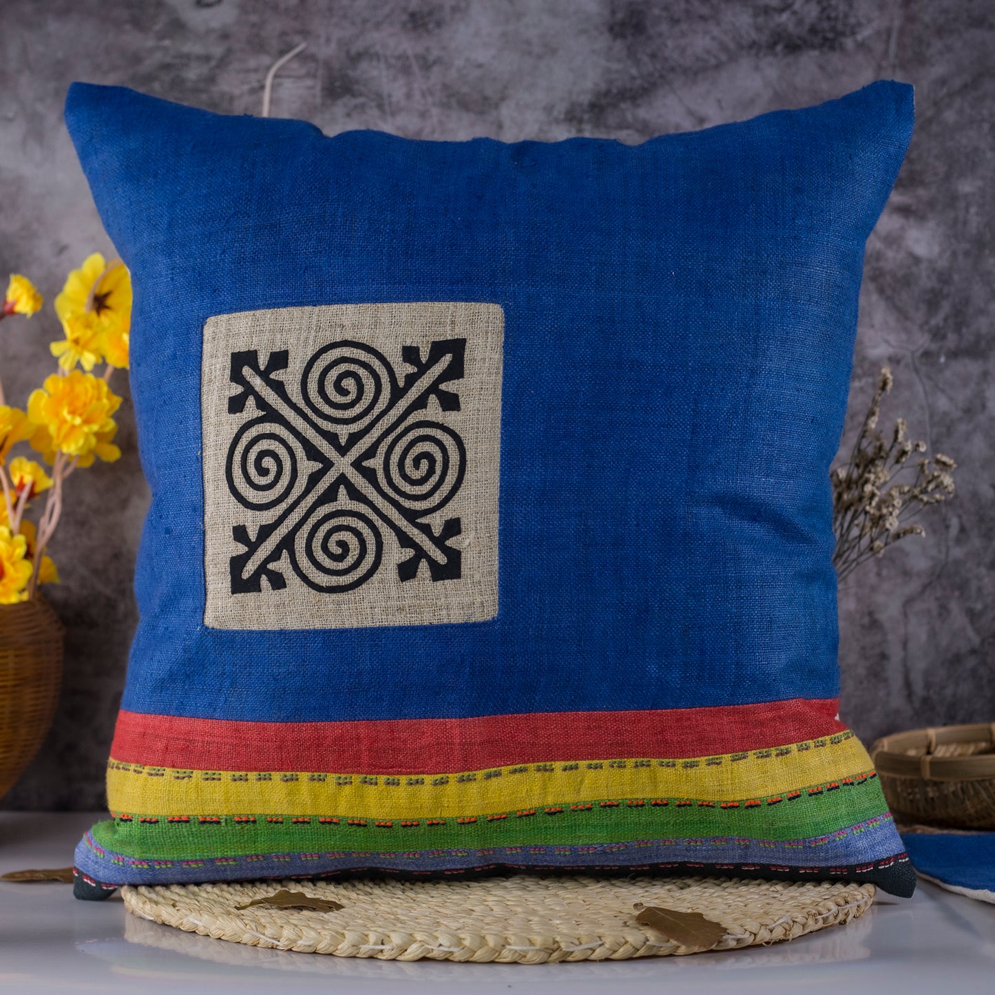 Catalina Blue Hemp Cushion Cover with stripes in different colors, hand-stitched pattern in black and white