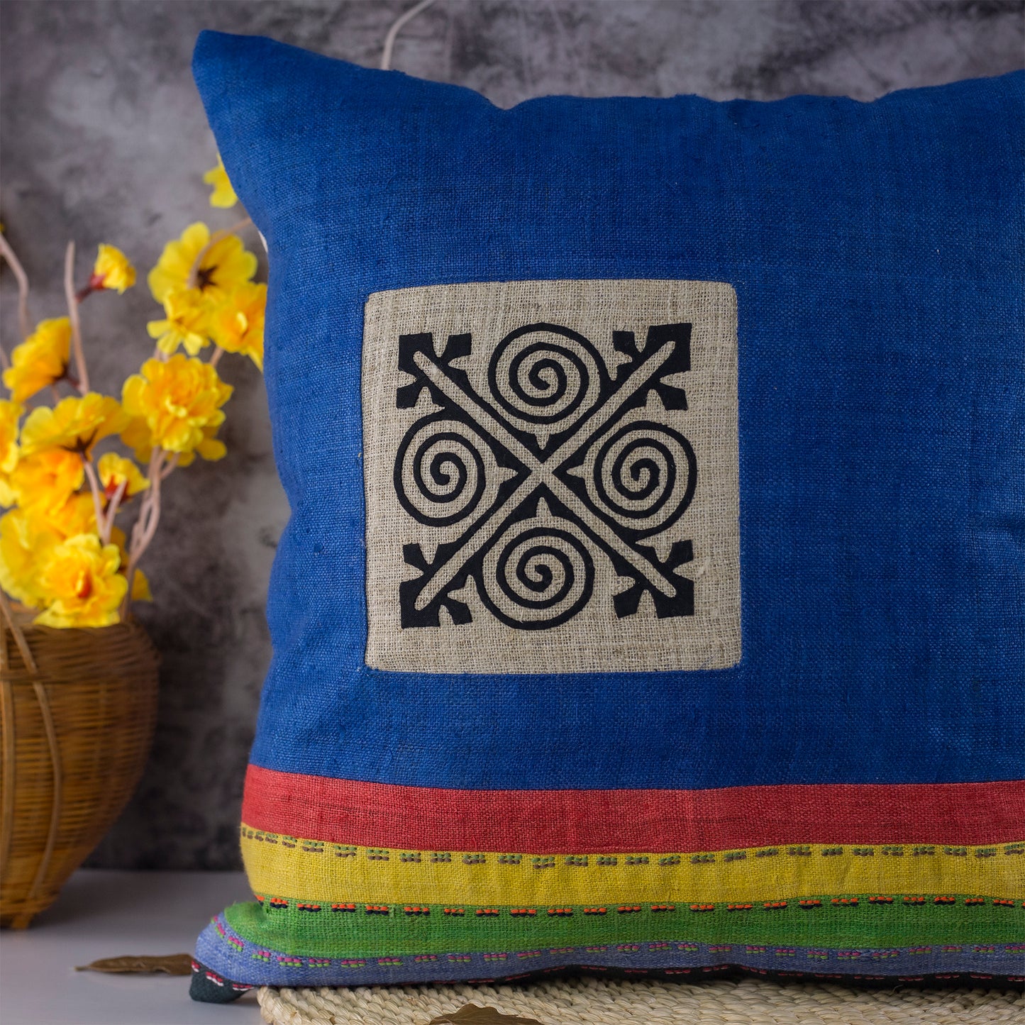 Catalina Blue Hemp Cushion Cover with stripes in different colors, hand-stitched pattern in black and white