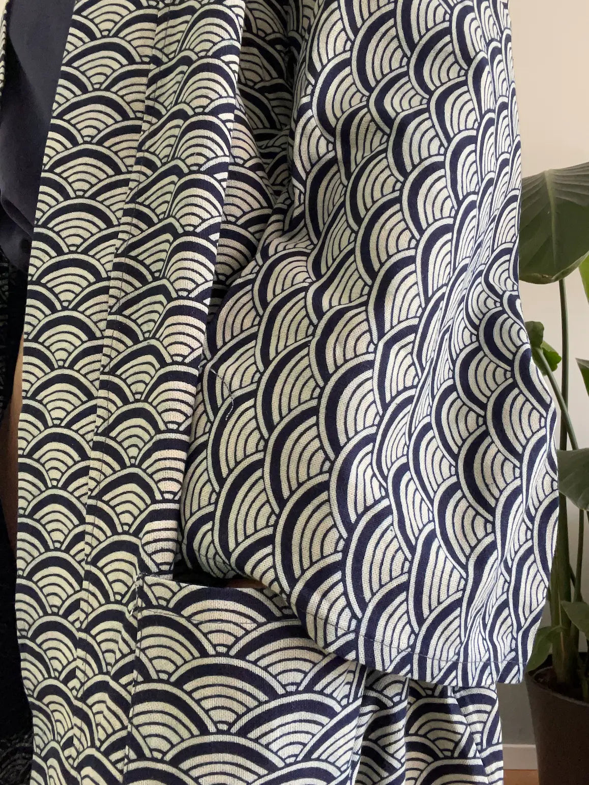 Indigo Cotton Kimono Robe - Japanese Wave, Seigaiha pattern