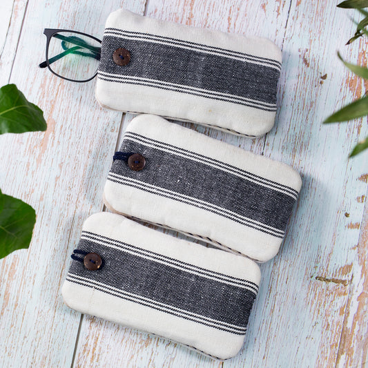 Phone case/glass case, handwoven H'mong fabric in black and white stripes, shock absorption layer