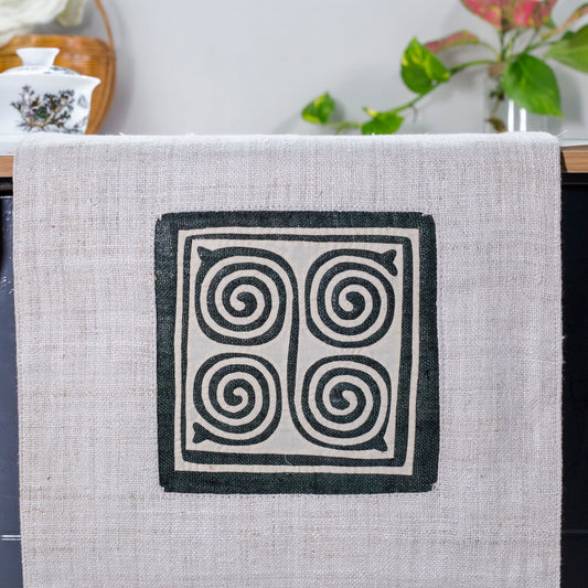 White Hemp Table Runner, unique patterns, hand-stitched details at both ends