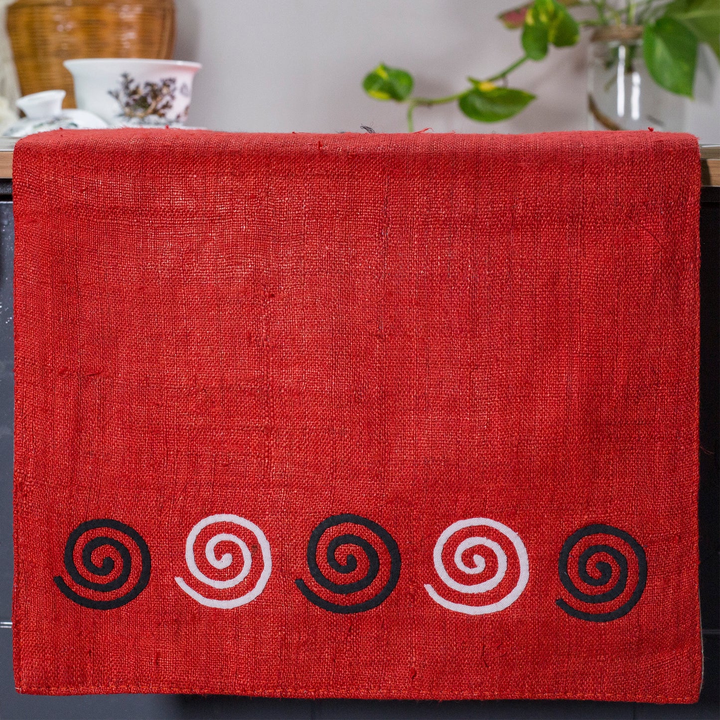 Red Hemp Table Runner, whitepatterns, spiral details at both ends