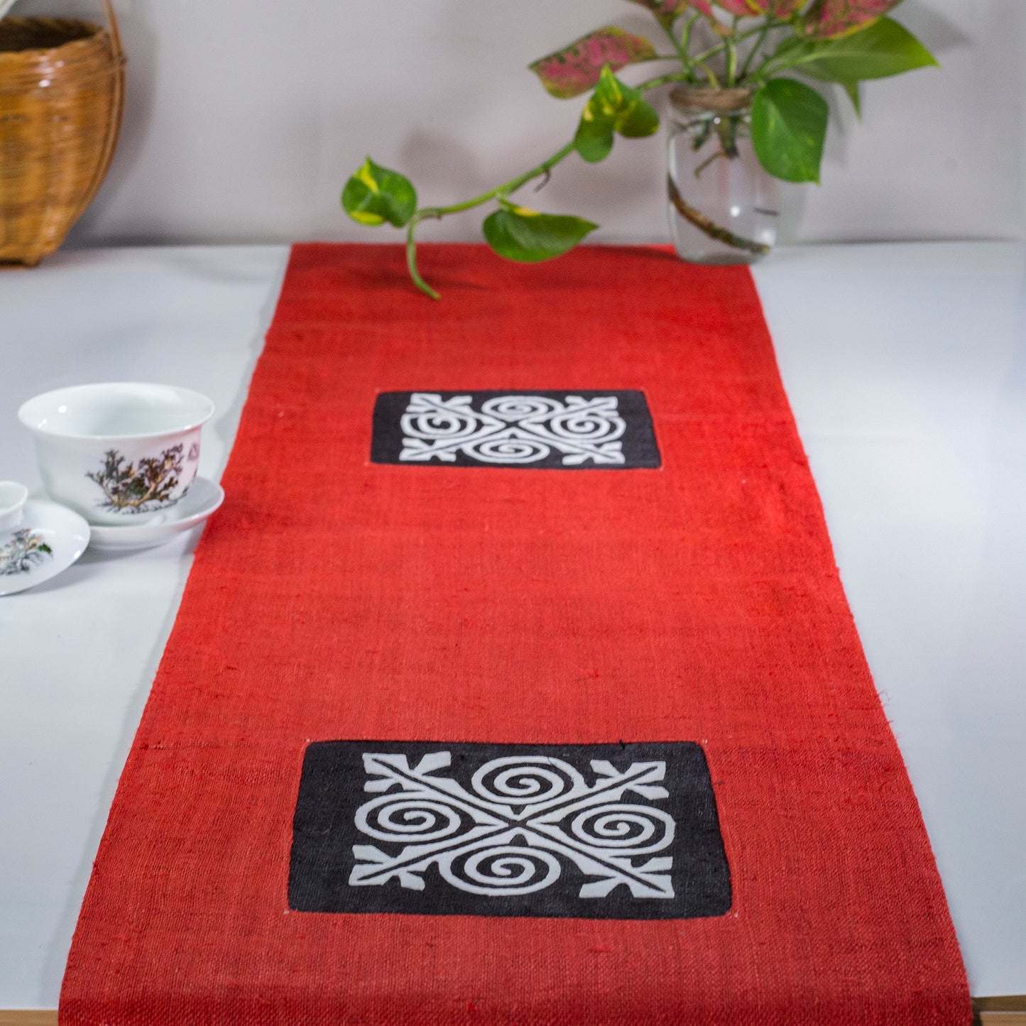 Red Hemp Table Runner, whitepatterns, spiral details at both ends