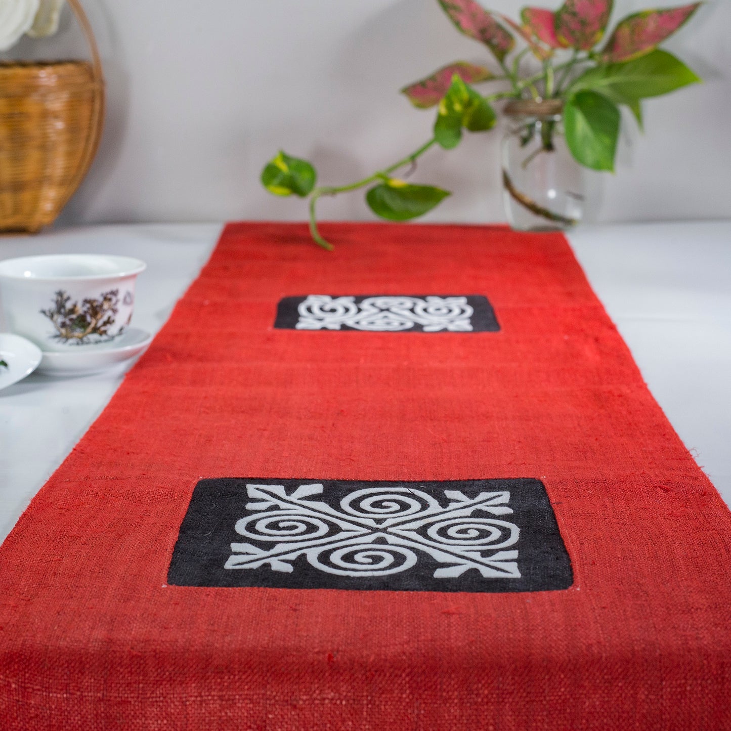 Red Hemp Table Runner, whitepatterns, spiral details at both ends