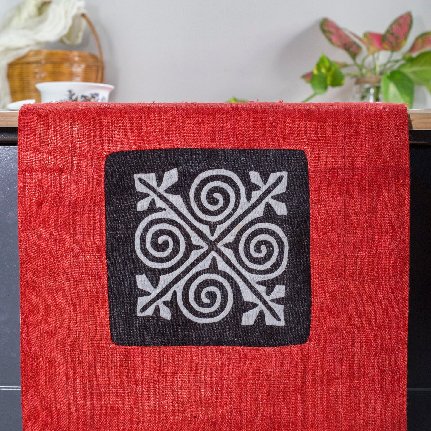 Red Hemp Table Runner, whitepatterns, spiral details at both ends