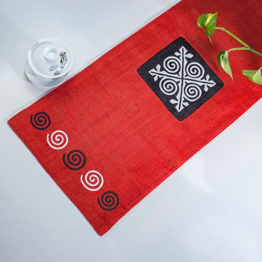 Red Hemp Table Runner, whitepatterns, spiral details at both ends