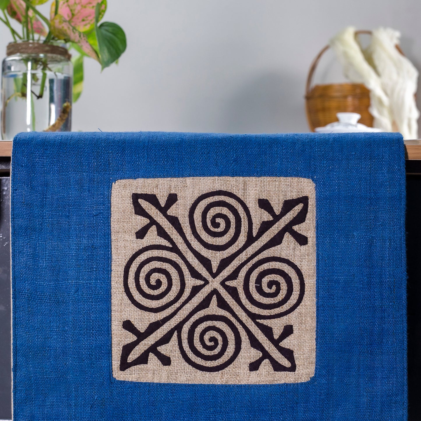 Indigo blue Hemp Table Runner, black patterns, hand-stitched details at both ends