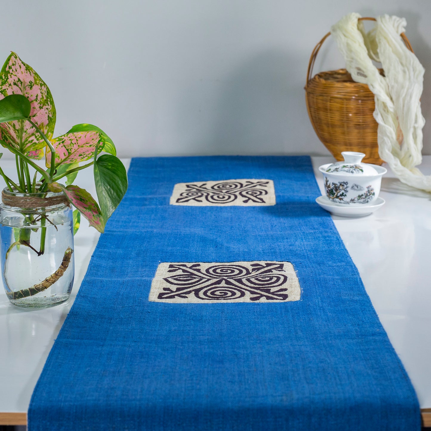 Indigo blue Hemp Table Runner, black patterns, hand-stitched details at both ends