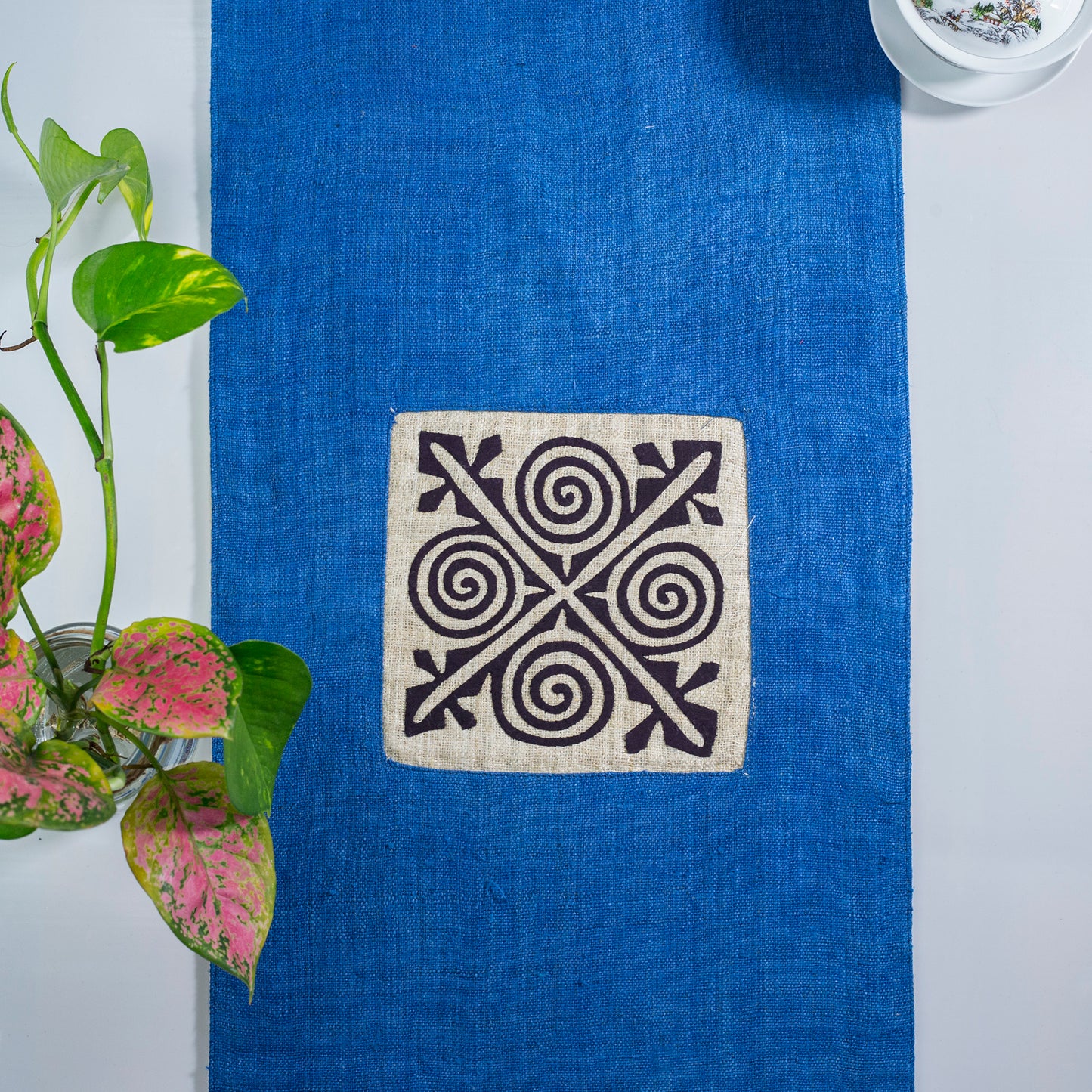 Indigo blue Hemp Table Runner, black patterns, hand-stitched details at both ends