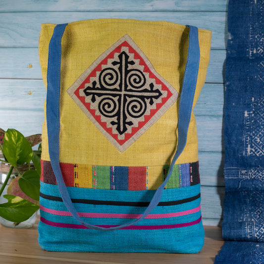 Tote bag, Handwoven Hemp, natural dye in YELLOW, H'mong pattern