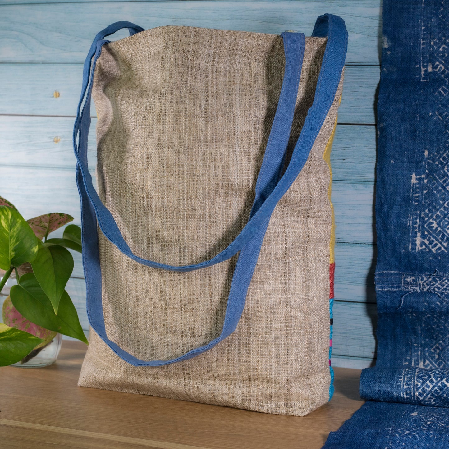 Tote bag, Handwoven Hemp, natural dye in Bordeaux Red, H'mong pattern