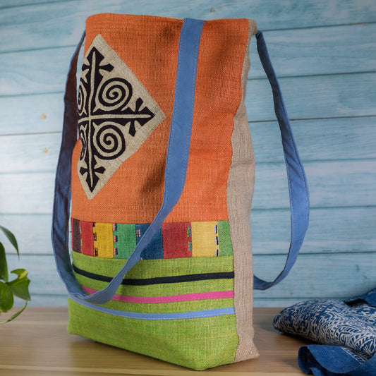 Tote bag, Handwoven Hemp, natural dye in ORANGE, H'mong pattern