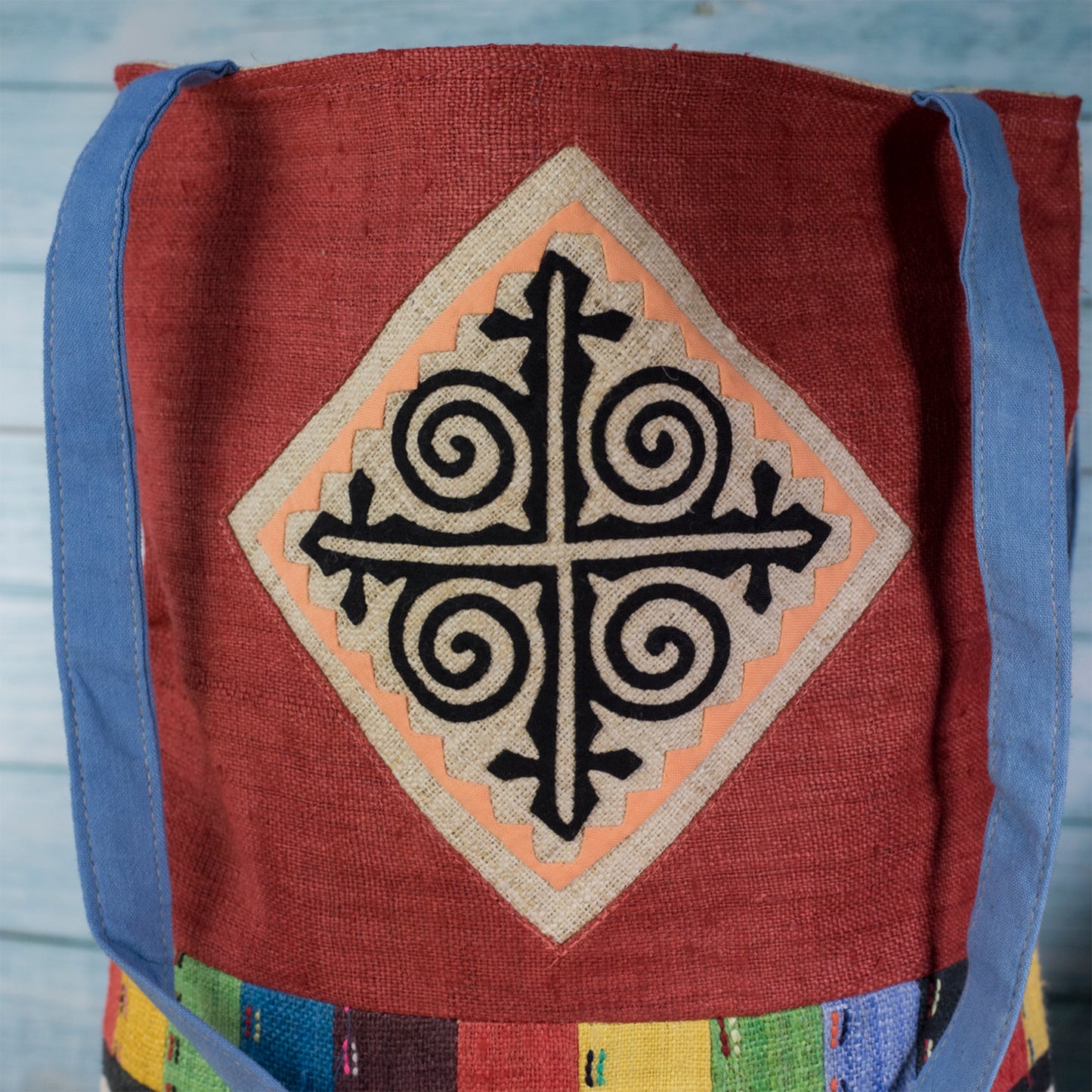 Tote bag, Handwoven Hemp, natural dye in Bordeaux Red, H'mong pattern