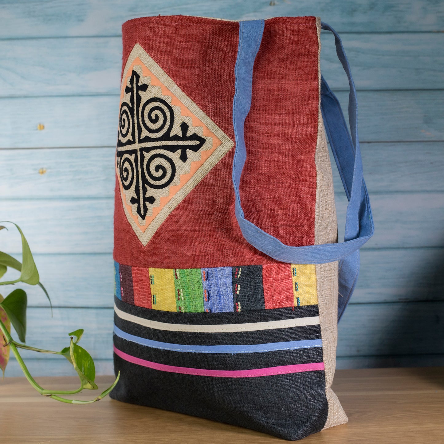 Tote bag, Handwoven Hemp, natural dye in Bordeaux Red, H'mong pattern