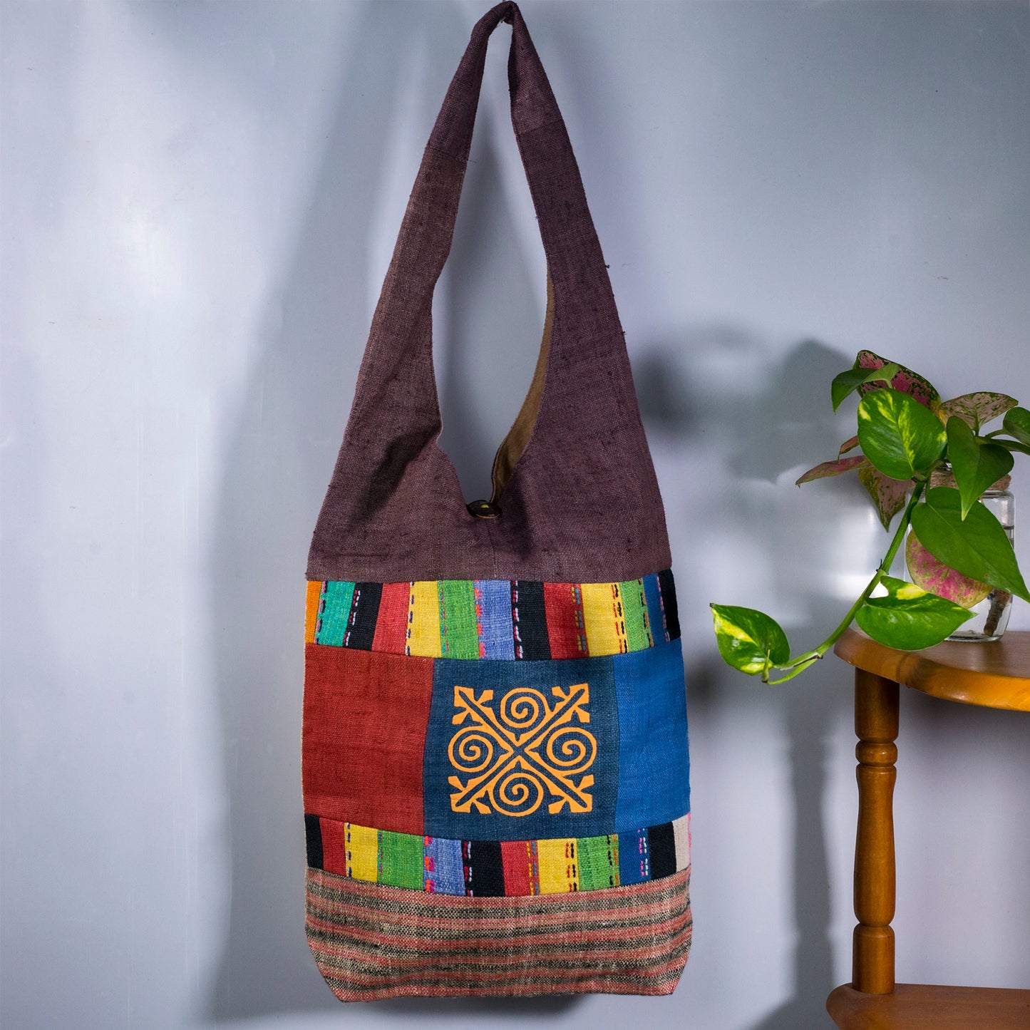 Shoulder bag in special design, Handwoven Hemp, natural dye in BROWN, H'mong pattern