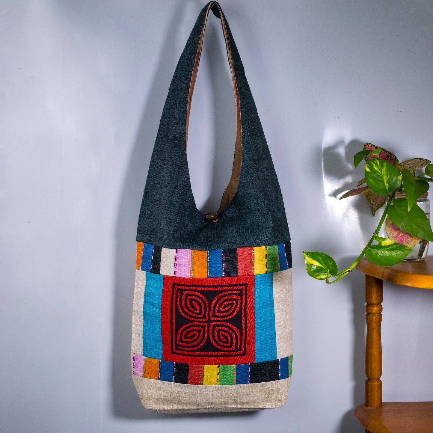 Shoulder bag in special design, Handwoven Hemp, natural dye in Turquoise BLUE, H'mong pattern