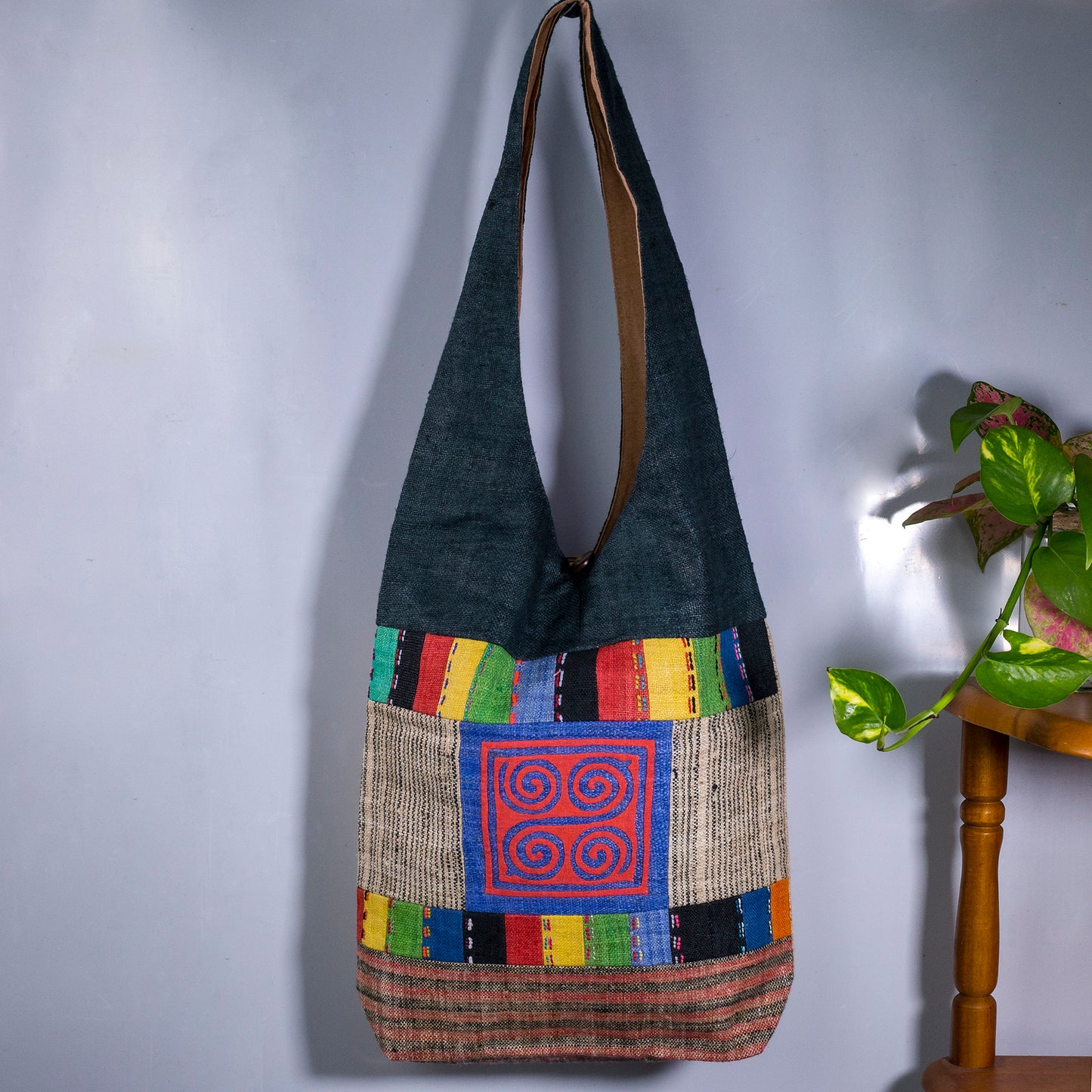 Shoulder bag in special design, Handwoven Hemp, natural dye in Turquoise BLUE, H'mong pattern