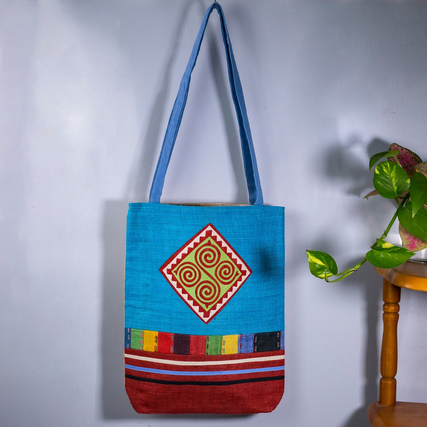 Tote bag, Handwoven Hemp, natural dye in BLUE, H'mong pattern