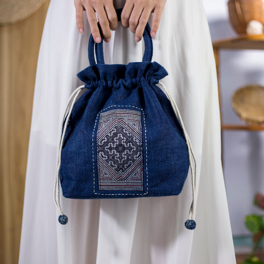 Indigo Blue drawstring hemp handbag, natural hemp and batik patch