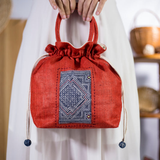 Red drawstring hemp handbag, natural hemp and batik patch