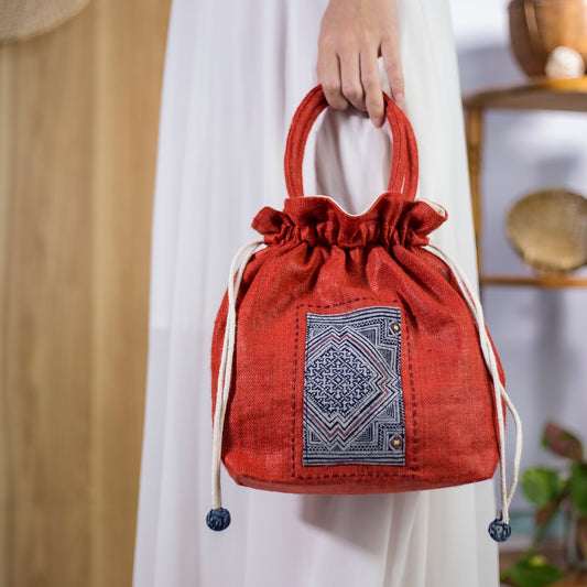 Red drawstring hemp handbag, natural hemp and batik patch