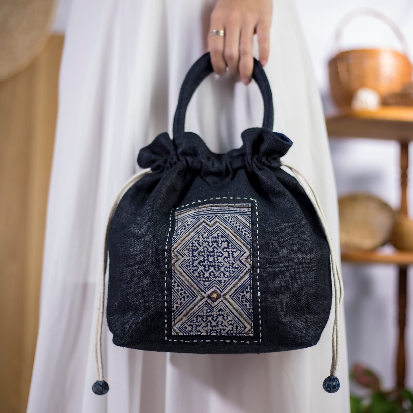 Black drawstring hemp handbag, natural hemp and batik patch