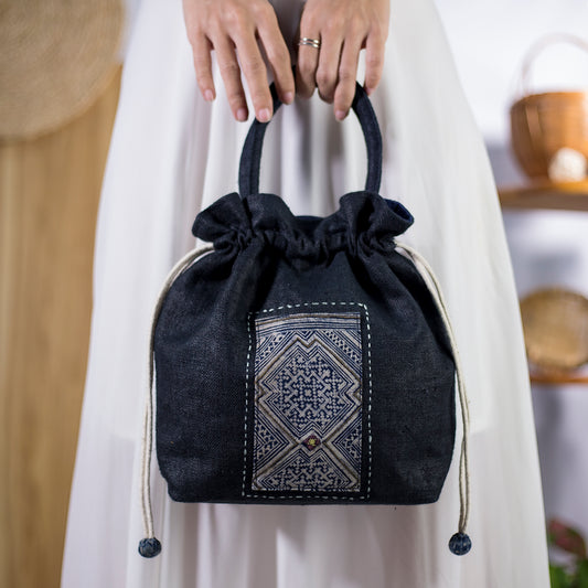 Black drawstring hemp handbag, natural hemp and batik patch