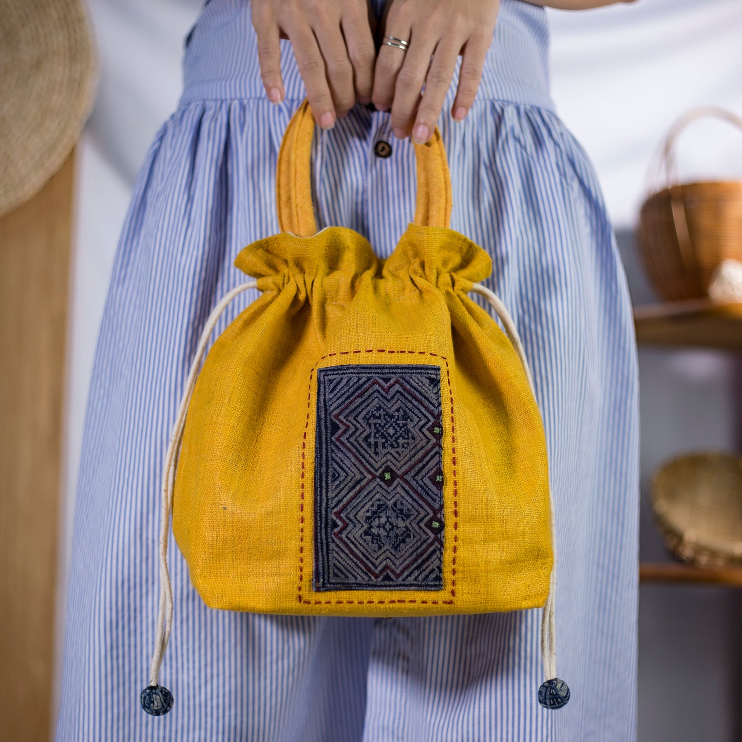 Yellow drawstring hemp handbag, natural hemp and batik patch