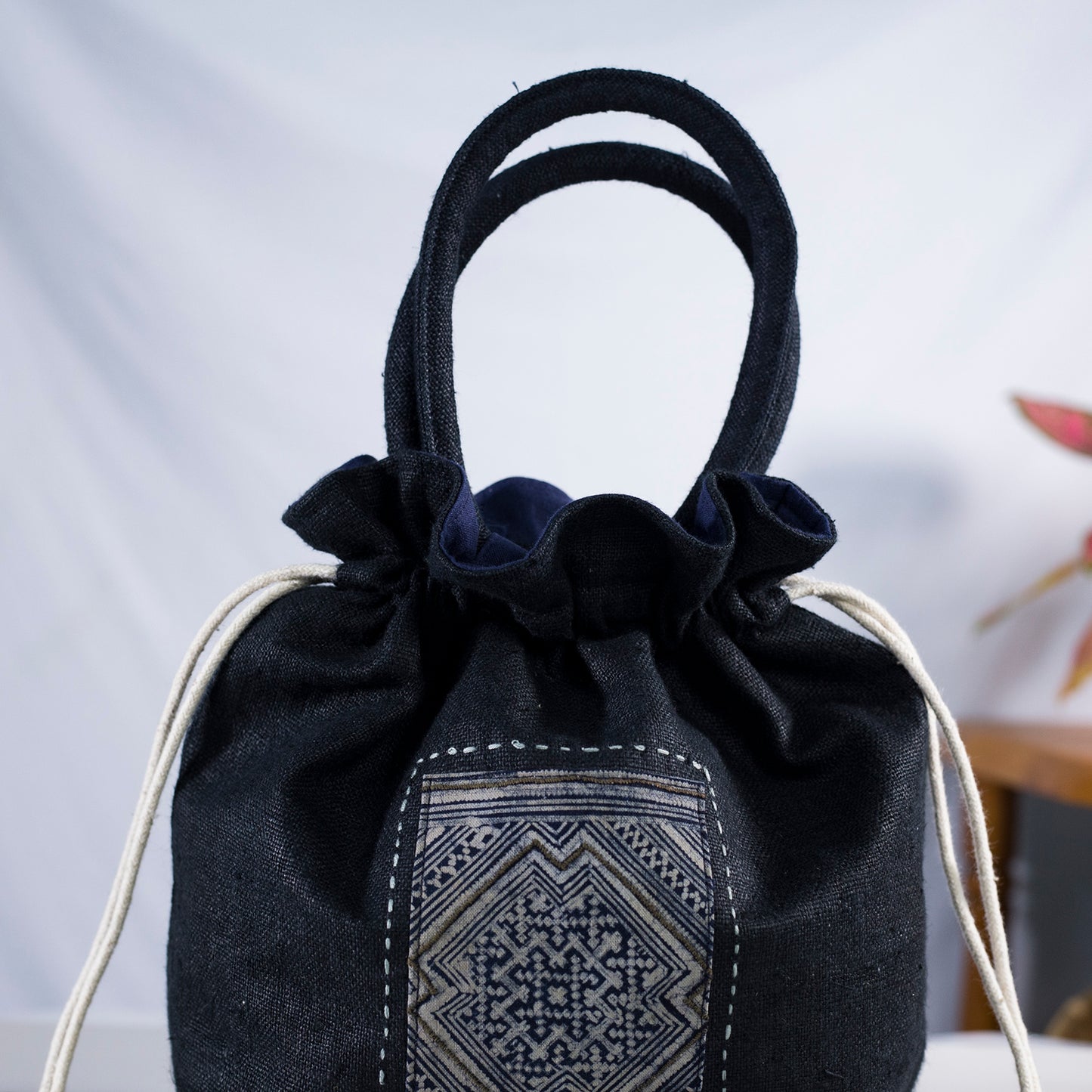 Black drawstring hemp handbag, natural hemp and batik patch