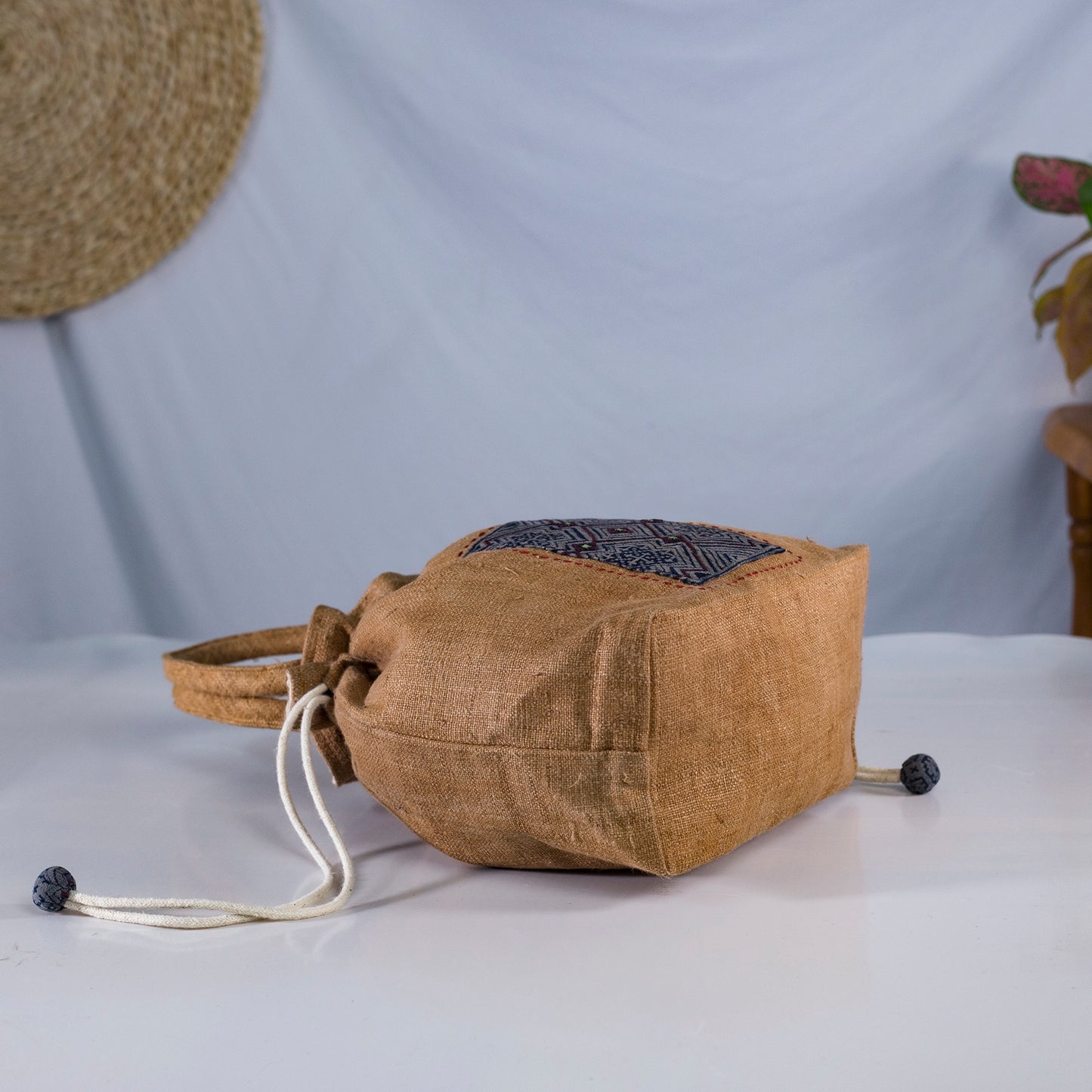 Brown drawstring hemp handbag, natural hemp and batik patch