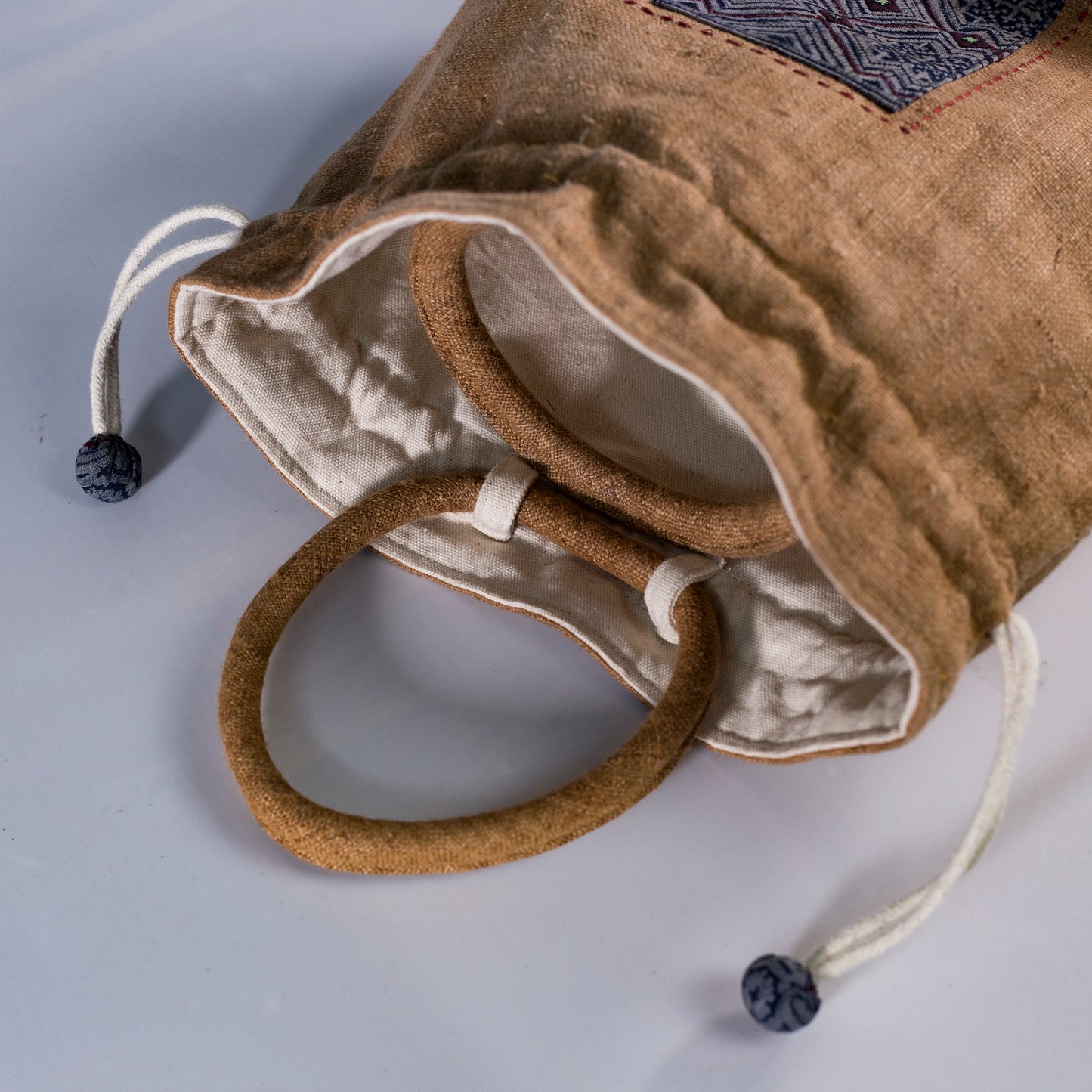 Brown drawstring hemp handbag, natural hemp and batik patch