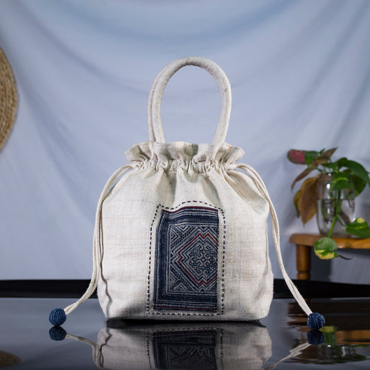 White drawstring hemp handbag, natural hemp and batik patch