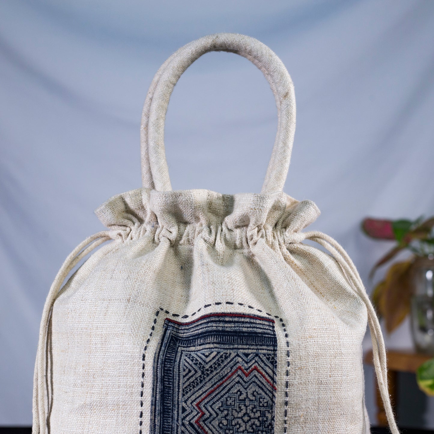 White drawstring hemp handbag, natural hemp and batik patch