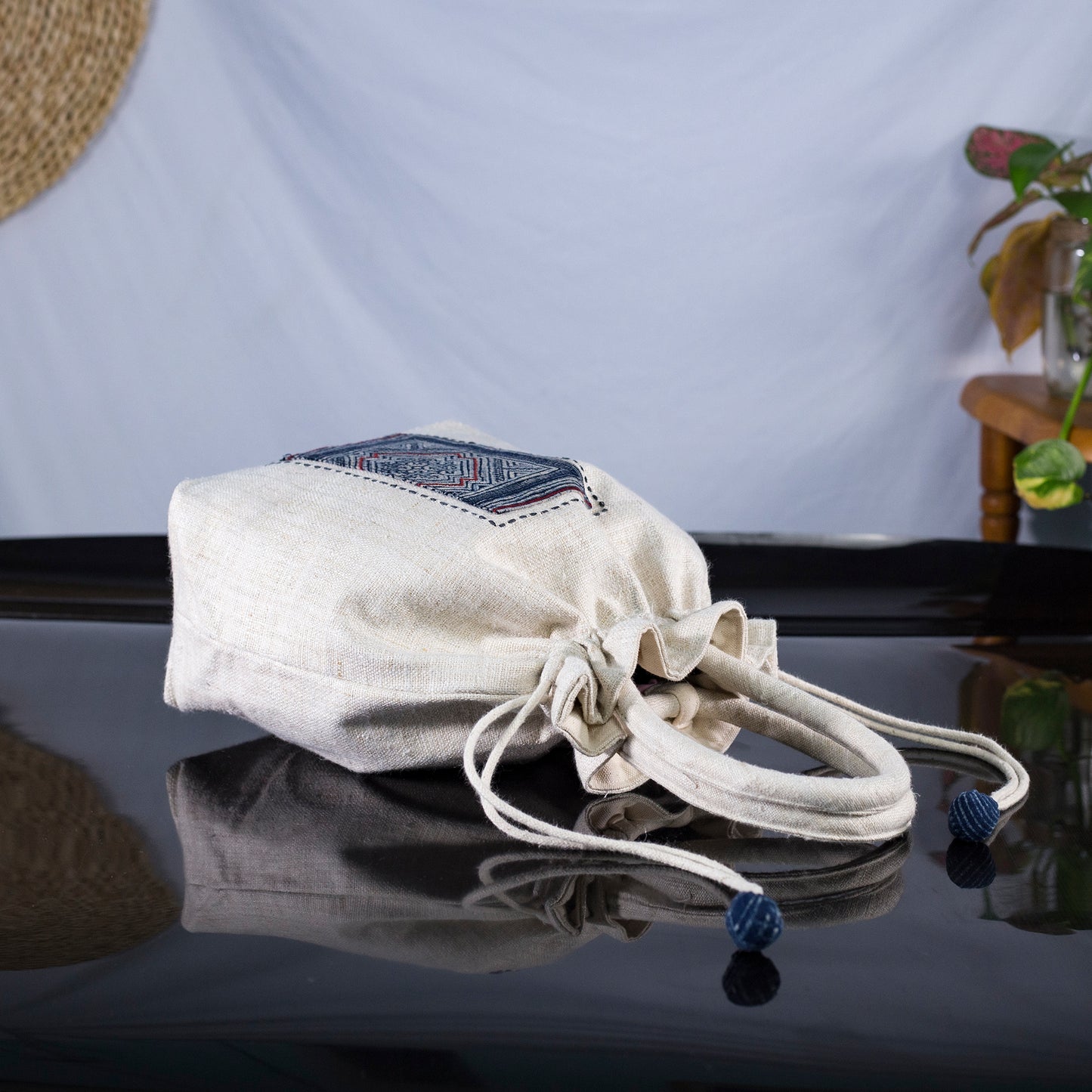 White drawstring hemp handbag, natural hemp and batik patch