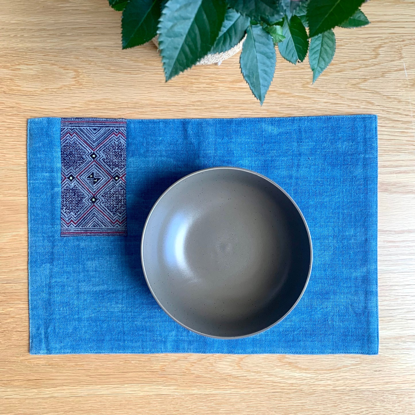 Uneven Indigo Blue hemp placemat, vintage batik indigo patch, hand-woven hemp fabrics