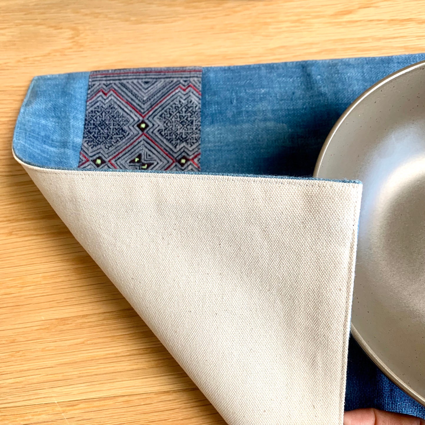 Uneven Indigo Blue hemp placemat, vintage batik indigo patch, hand-woven hemp fabrics